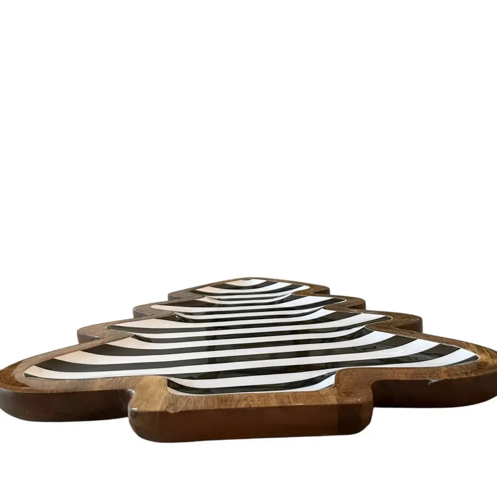 Wooden Christmas Tree Striped Platter 15in Black White Striped Made in India NEW